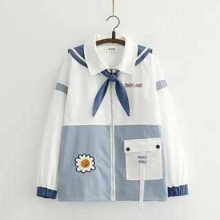 Sailor Collar Floral Print Zip Jacket