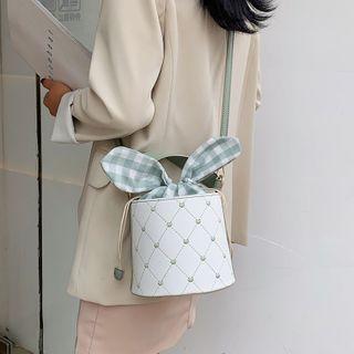 Argyle Stitched Gingham Bow Bucket Bag