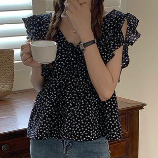 Sleeveless Ruffle Trim Floral Blouse Blouse - Black - One Size