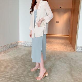Button Blazer / Spaghetti Strap Midi Slit Dress
