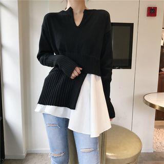 Mock Two-piece Notch-neck Sweater Black - One Size