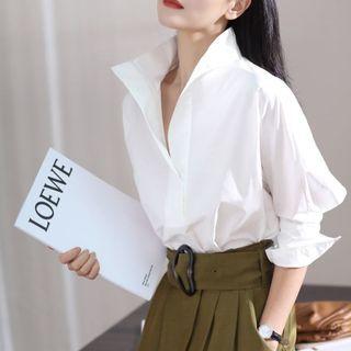 Elbow-sleeve Band Collar Plain Shirt