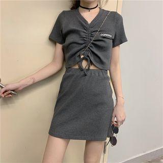 Set: Short-sleeve Drawstring Cropped T-shirt + A-line Mini Skirt