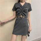 Set: Short-sleeve Drawstring Cropped T-shirt + A-line Mini Skirt
