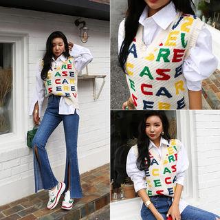 V-neck Letter Print Knit Vest