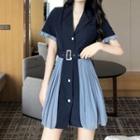 Two-tone Tie-waist Short-sleeve Collared Dress