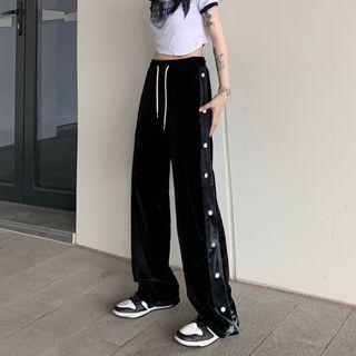 Drawstring Waist Button-up Velvet Loose-fit Sweatpants