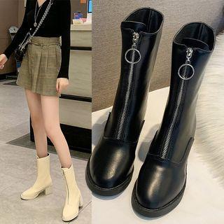Faux Leather Block-heel Zip Mid-calf Boots