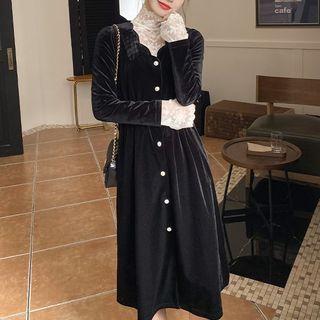 Long-sleeve Velvet Midi A-line Dress / Long-sleeve Mock-neck Lace Top / Camisole Top / Set