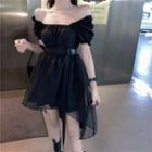 Square-neck Puff-sleeve Mesh Dress