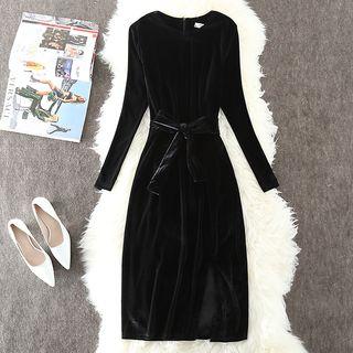 Long-sleeve Slit Midi Velvet Dress With Sash