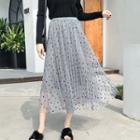 Dotted Mesh Overlay Pleated Midi Skirt