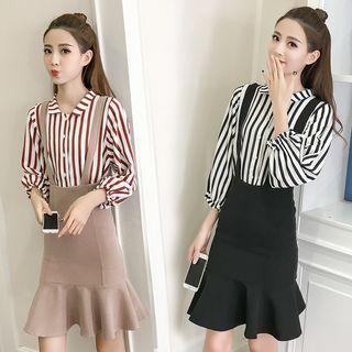 Set: Puff Sleeve Striped Blouse + Ruffled Hem Jumper Skirt