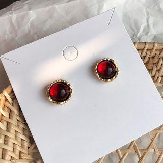 Faux Ruby 925 Sterling Silver Earring 1 Pair - Gold Trim - Red - One Size
