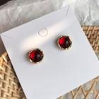 Faux Ruby 925 Sterling Silver Earring 1 Pair - Gold Trim - Red - One Size