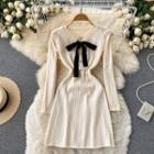 Round-neck Lace Bow Long-sleeve Knit Dress