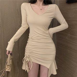 Long-sleeve Drwastring Mini Sheath Dress