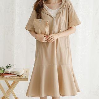 Zipped Ruffle-hem Midi Hoodie Dress