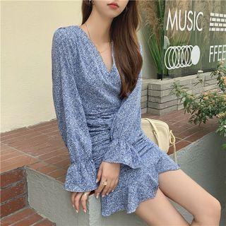 V-neck Floral Pleated Ruffle A-line Mini Dress