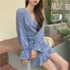 V-neck Floral Pleated Ruffle A-line Mini Dress
