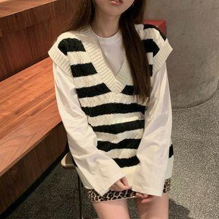 Striped Knit Vest / Leopard Print Mini Skirt