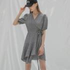 Ruffled Floral Mini Wrap Dress Black - One Size