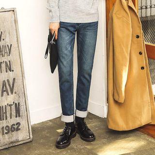 Brushed-fleece Lined Washed Straight-cut Jeans