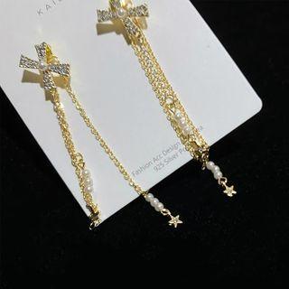 Rhinestone Fringe Dangle Earring 1 Pair - Silver Needle - Cross - Gold - One Size