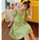 Short-sleeve Ribbon Back A-line Mini Dress Green - One Size