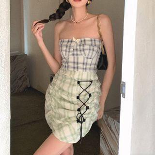 Plaid Lace-up Mini Pencil Skirt