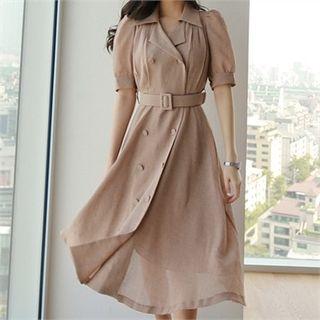 Puff-sleeve Double-breasted Shirtdress With Belt