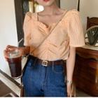 Gingham Short-sleeve Shirred Blouse Tangerine - One Size