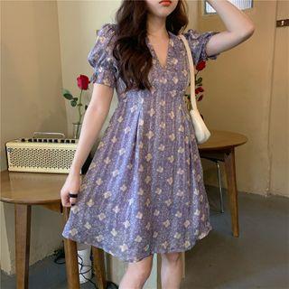 Short-sleeve Floral Print A-line Dress Purple - One Size