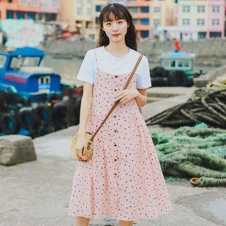 Set: Short-sleeve T-shirt + Spaghetti Strap Buttoned Patterned A-line Midi Dress