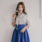 3/4-sleeve Midi Skirt Hanbok Set (floral / Navy Blue)