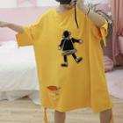 Applique Ripped 3/4-sleeve T-shirt Dress