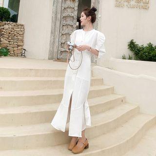 Puff Sleeve Plain Mermaid Maxi Shirtdress