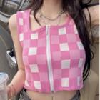 Sleeveless Checkerboard Zip-up Top Pink - One Size