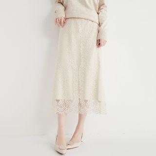 Lace Overlay Knit Midi A-line Skirt