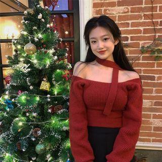 Off-shoulder Long-sleeve Sweater Red - One Size