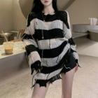 Round-neck Two-tone Striped Ripped Oversize Sweater As Shown In Figure - One Size
