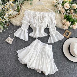 Set: Off-shoulder Bell-sleeve Top + Mini A-line Skirt