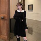 Bell-sleeve Velvet Mini A-line Dress Black - One Size