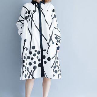 Dotted Long-sleeve Shirtdress White - One Size