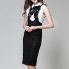 Sleeveless Tie-neck Lace Panel Sheath Dress