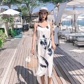 Printed Spaghetti Strap Tie-waist Split Hem Midi Sundress