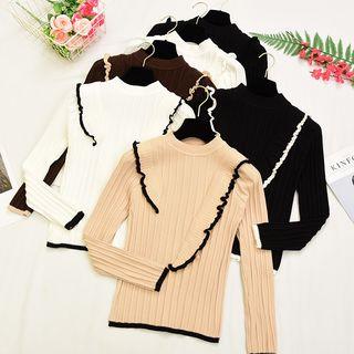 Contrast Trim Ruffled Ribbed Knit Top