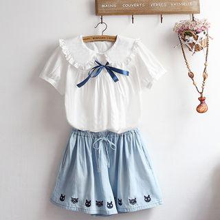 Set: Short-sleeve Top + Denim Skort
