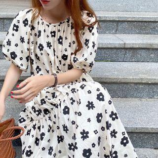 Puff-sleeve Round Neck Flower Print Loose-fit Midi Dress