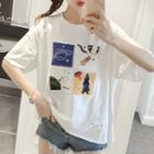 Applique Ripped Elbow-sleeve T-shirt